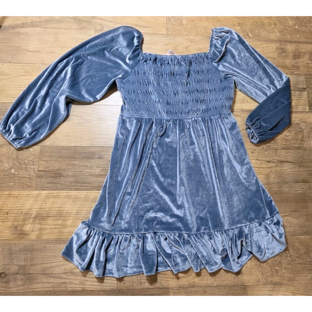 Lauren Conrad LC Smocked Velvet Velour LightBlue Mini Dress Ruffles Sz XL Party